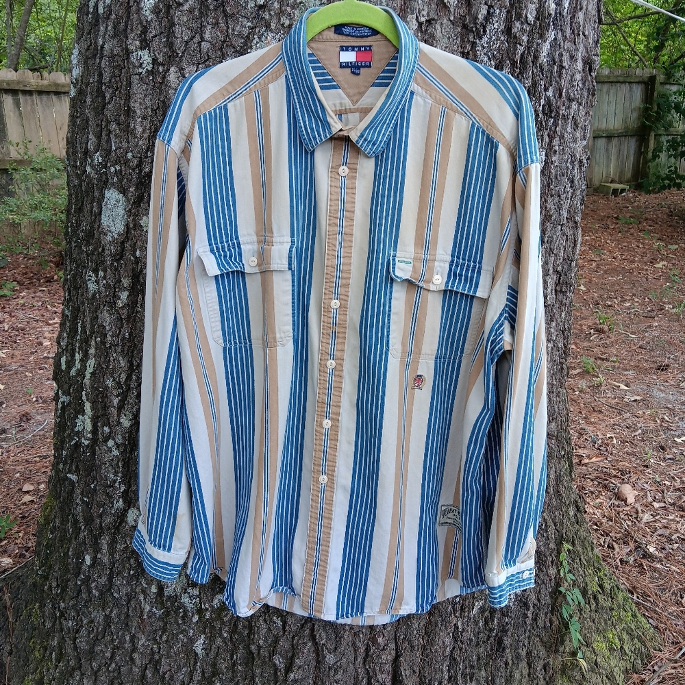 TOMMY HILFIGER VTG 90s Striped Blue and Tan Men's Button Down Shirt XL